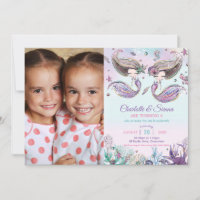 Cute Mermaids Twins Sisters Birthday Party Photo Invitation