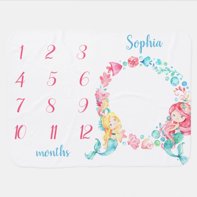 Cute Mermaids Under the Sea Baby Girl Milestone Blanket (Horizontal)