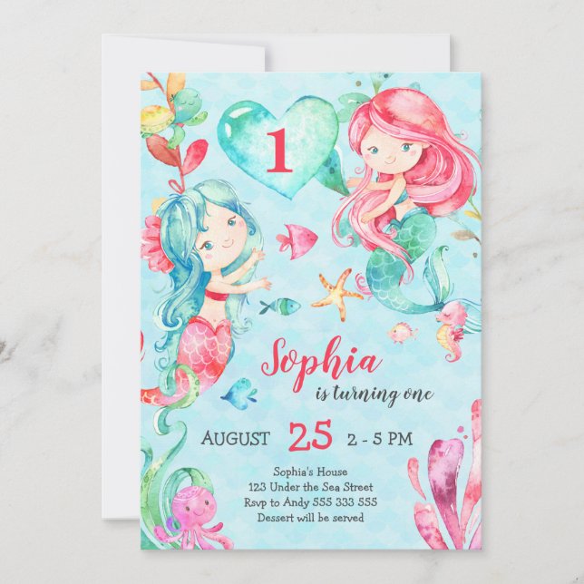 Cute Mermaids Under the Sea Girl First Birthday Invitation (Front)