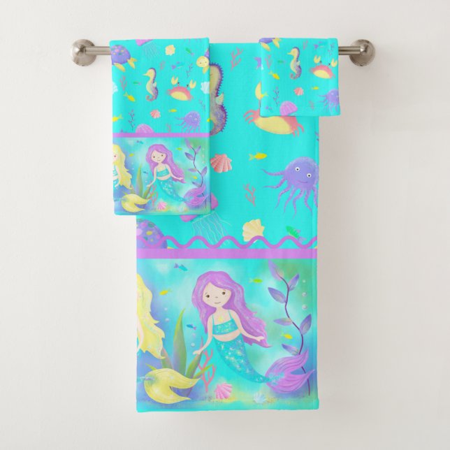      Cute Mermaids Under the Sea Neon Bath Towel Set (Insitu)