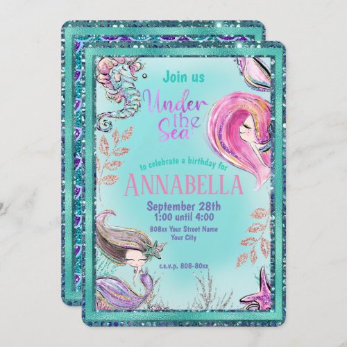 Cute Mermaids Under the Sea Party Teal Glitter Invitation