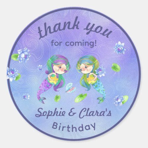 Cute Mermaids Under the Sea Twin Girls Birthday  Classic Round Sticker