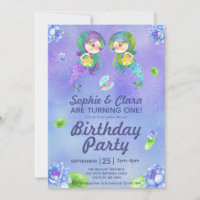 Cute Mermaids Under the Sea Twin Girls Birthday  Invitation