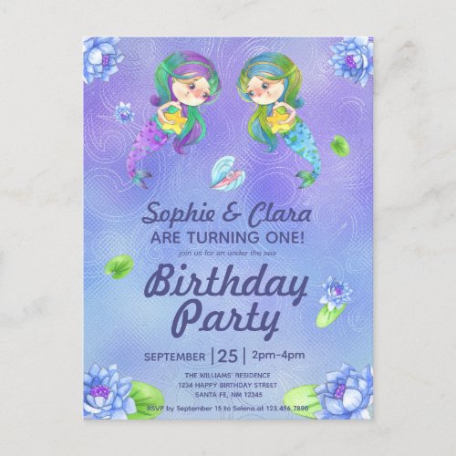 Cute Mermaids Under the Sea Twin Girls Birthday  Invitation Postcard