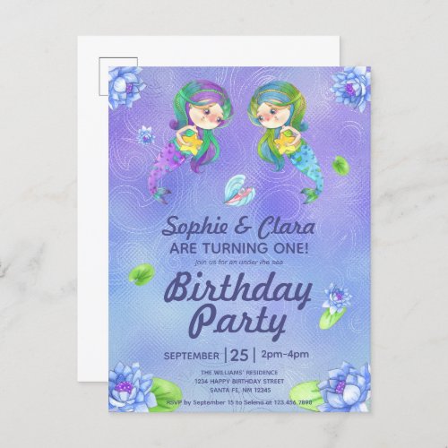 Cute Mermaids Under the Sea Twin Girls Birthday  Invitation Postcard