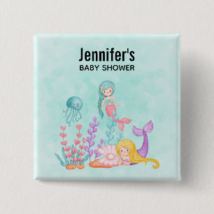 Cute Mermaids Under the Sea Watercolor Baby Shower Button