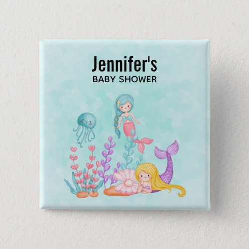 Cute Mermaids Under the Sea Watercolor Baby Shower Button