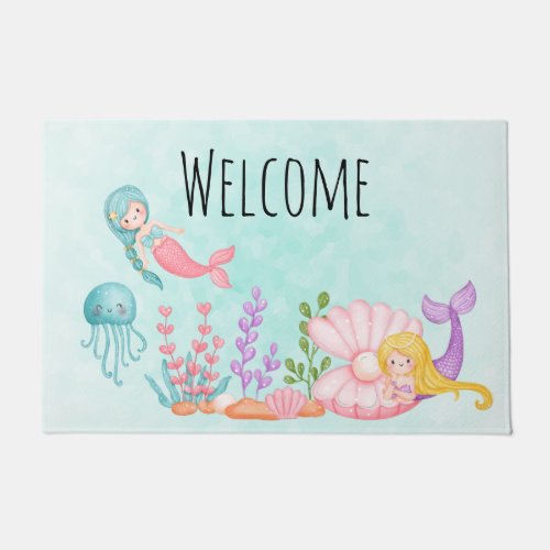 Cute Mermaids Under the Sea Watercolor Welcome Doormat