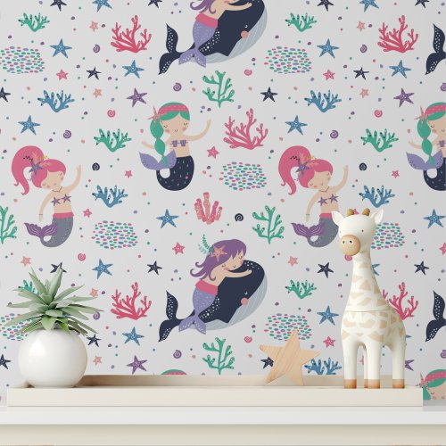 Cute Mermaids Whales Modern Girls Kids Pattern Wallpaper