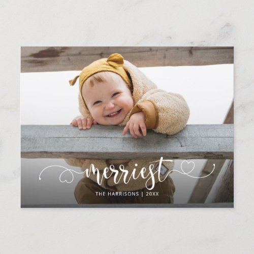 Cute Merriest Modern Calligraphy Photo Holiday Postcard
