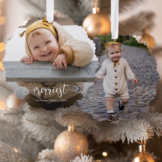 Cute Merriest Modern Calligraphy Photo Ornament Card (Creator Uploaded)