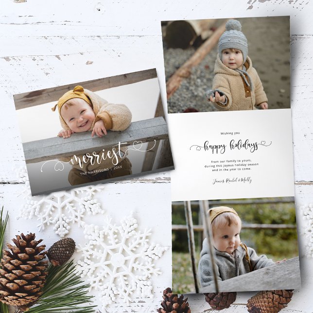 Cute Merriest Modern Calligraphy Photo Tri-Fold Holiday Card (Creator Uploaded)