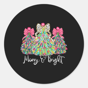 Cute Merry & Bright Coquette Pink Christmas Tr Classic Round Sticker