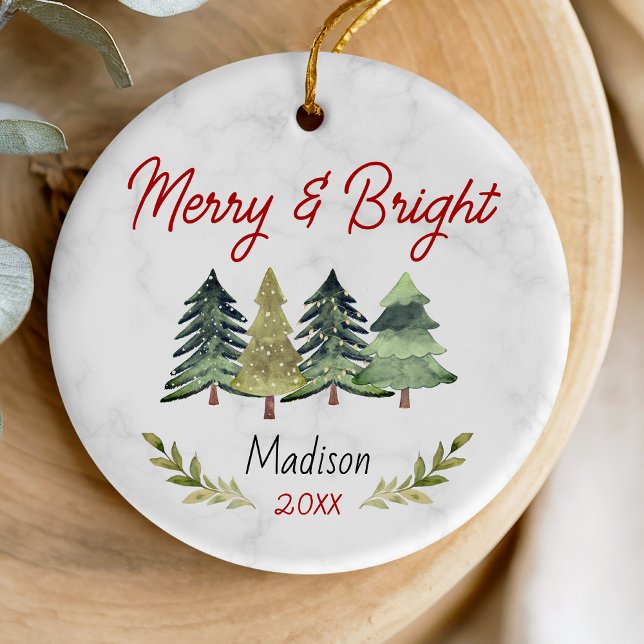 Cute merry and bright Christmas trees green Ceramic Ornament (Creator Uploaded)
