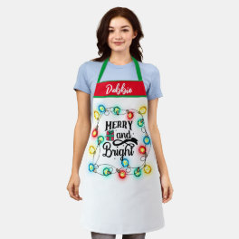 Cute Merry and Bright Holiday Lights Christmas Apron