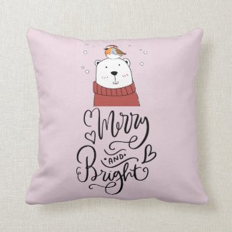 Cute Merry And Bright Polar Bear Christmas Holiday Throw Pillow