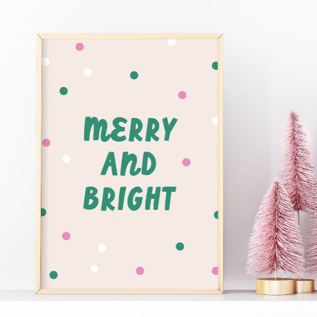 Cute Merry & Bright Pink Confetti Holiday Print (cute Merry & Bright Christmas wall art in green and pink)