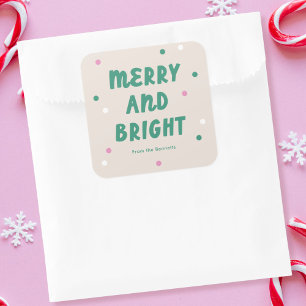 Cute Merry & Bright Pink + Green Holiday Square Sticker