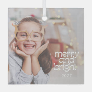 Cute Merry Bright White Text Custom Photo Overlay Glass Ornament