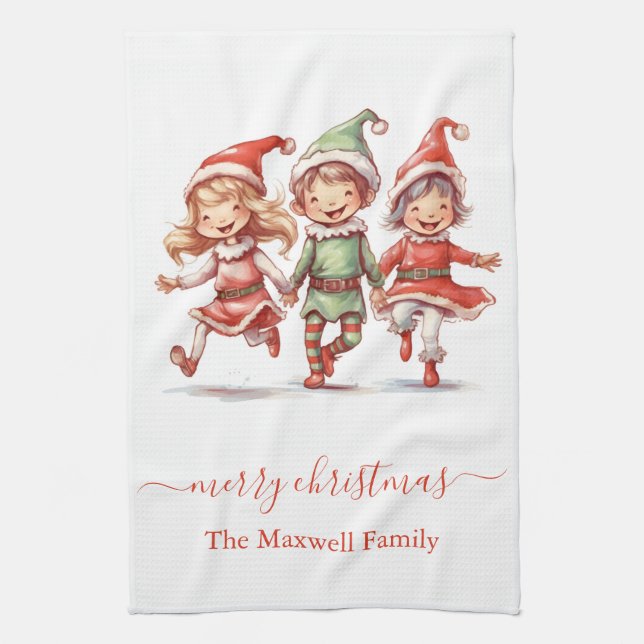 Cute merry christmas 3 elves family name kitchen towel (Vertical)