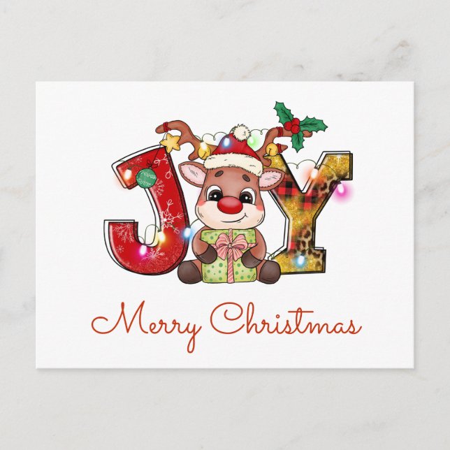 Cute Merry Christmas Calf Joy Santa Hat Holly Star Holiday Postcard (Front)