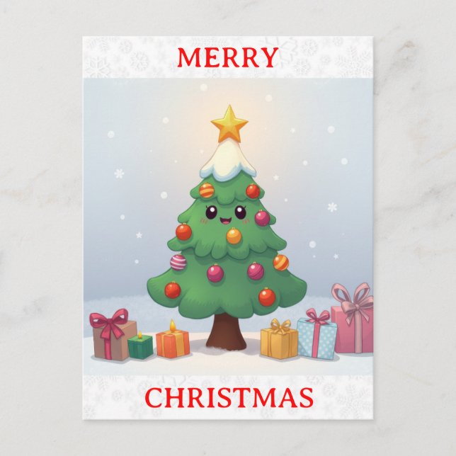 Cute Merry Christmas Cartoon Tree Postcard (Front)