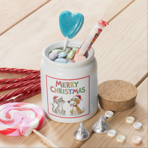 Cute Merry Christmas Cat and Dog with Santa Hats Candy Jar