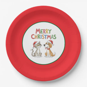 Cute Merry Christmas Cat and Dog with Santa Hats  Paper Plates