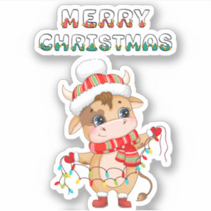 Cute Merry Christmas Cow Custom-Cut Vinyl Sticker