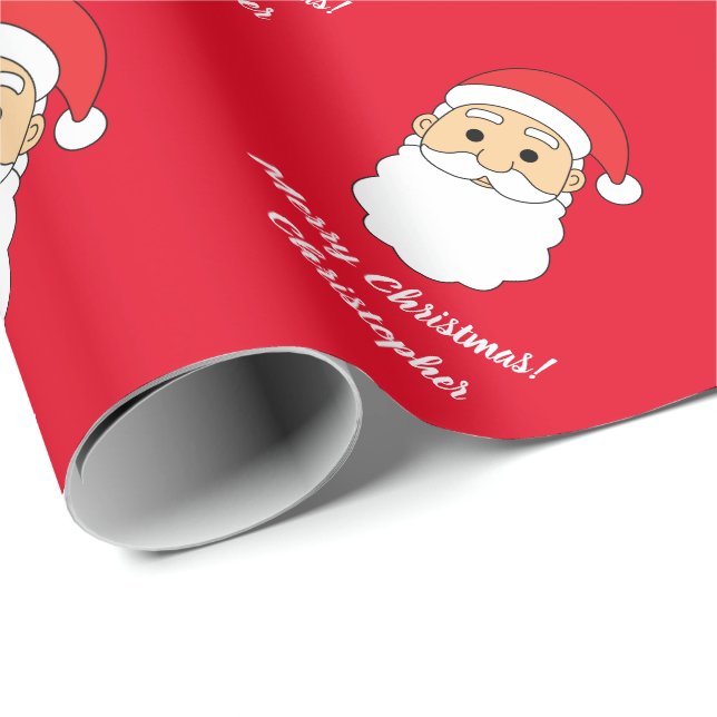 Cute Merry Christmas Custom Name Santa Claus Red Wrapping Paper (Roll Corner)