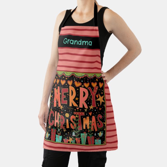 Cute Merry Christmas Customized Name Pink Stripe Apron (Insitu)