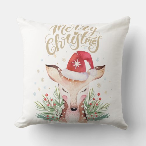 Cute Merry Christmas Deer in Santa Hat Throw Pillow