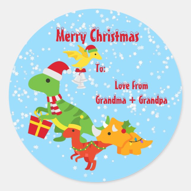 Cute Merry Christmas Dinosaur Kids Classic Round Sticker (Front)