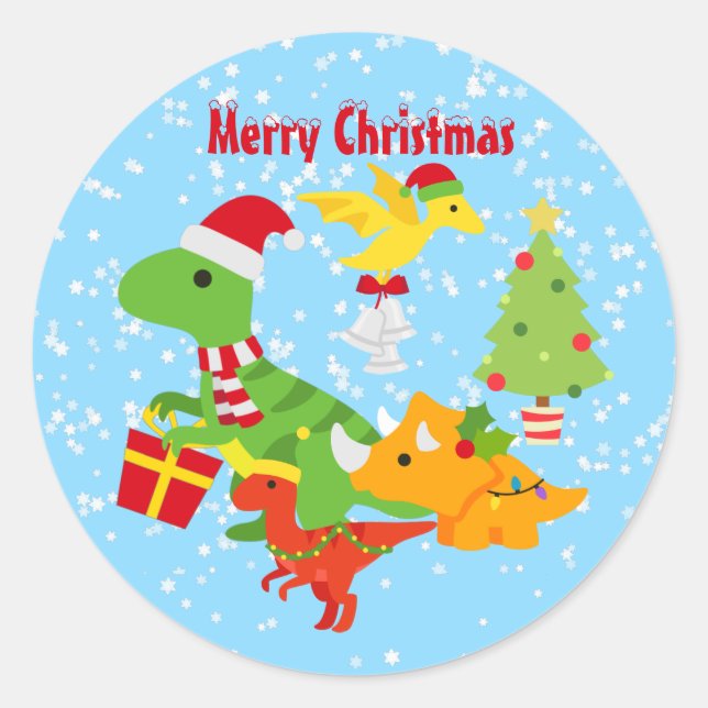 Cute Merry Christmas Dinosaur Kids Classic Round Sticker (Front)