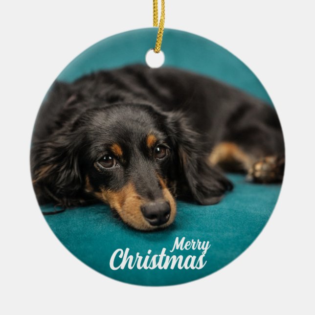Cute Merry Christmas Dog  ceramic ornament (Front)