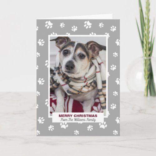 Cute Merry Christmas Dog Paw Prints Pet Photo Holiday Card