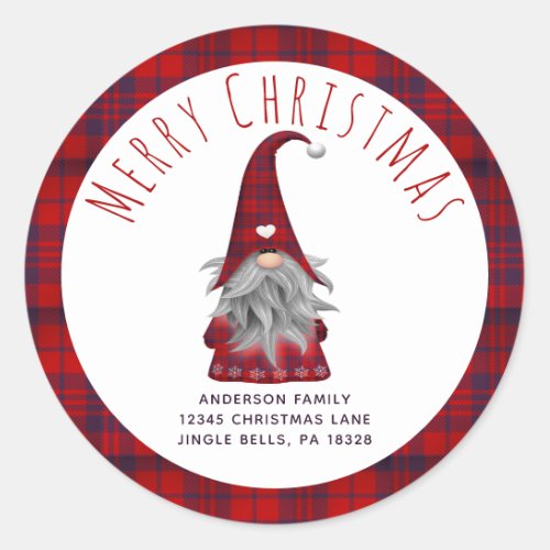 Cute Merry Christmas Elf Personalized Plaid Gnome  Classic Round Sticker
