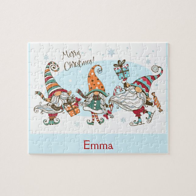 Cute Merry Christmas Elves Gnomes Custom name Jigsaw Puzzle (Horizontal)
