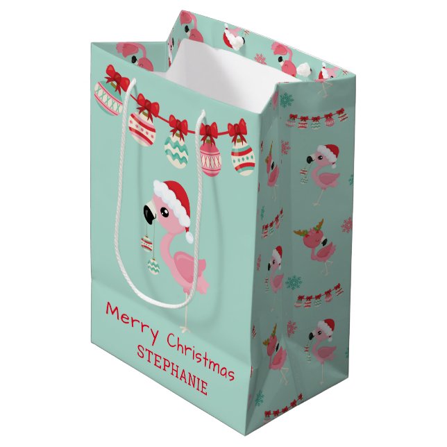 Cute Merry Christmas Flamingo Snowflake Medium Gift Bag (Front Angled)