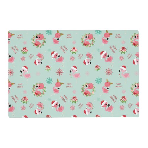 Cute Merry Christmas Flamingo Snowflake Placemat