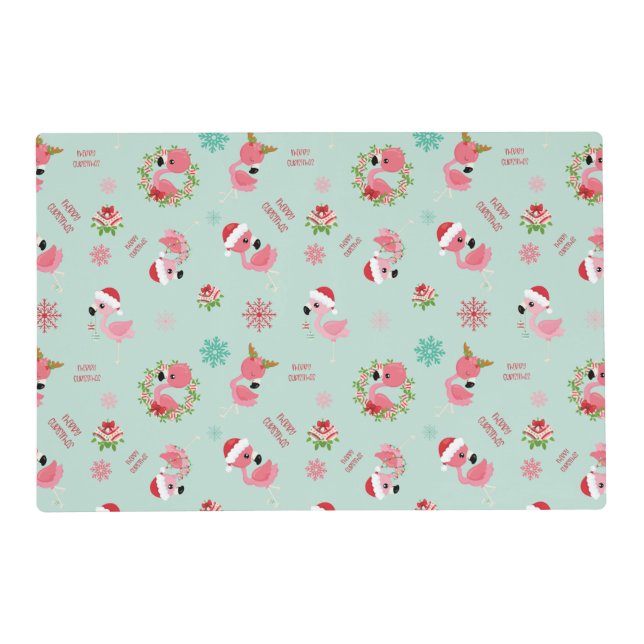 Cute Merry Christmas Flamingo Snowflake Placemat (Front)