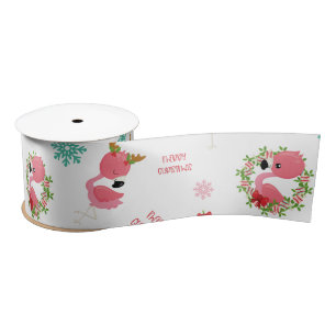 Cute Merry Christmas Flamingo Snowflake Satin Ribbon