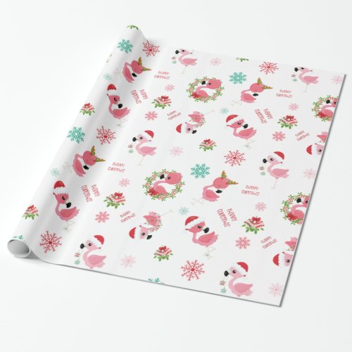 Cute Merry Christmas Flamingo Snowflake Wrapping Paper