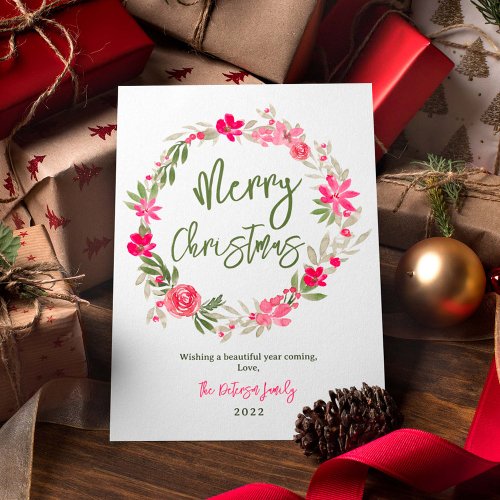 Cute merry christmas floral wreath no photo holiday card