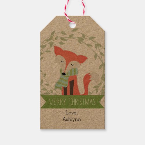 Cute Merry Christmas Fox Kraft Gift Tags