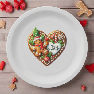 Cute Merry Christmas Gingerbread Man Heart Paper Plates