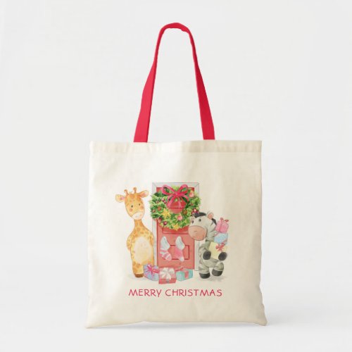 Cute Merry Christmas Giraffe Zebra Personalized Tote Bag