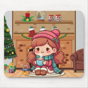 Cute Merry Christmas girl with cocoa Mouse Pad
