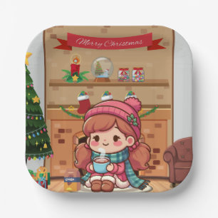 Cute Merry Christmas girl with cocoa  Paper Plates