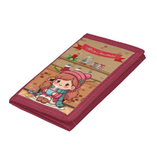Cute Merry Christmas girl with cocoa Tri-fold Wallet